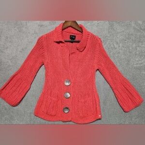 Pure Handknit Cotton Sweater Red/Pink Decorative Buttons. Size M